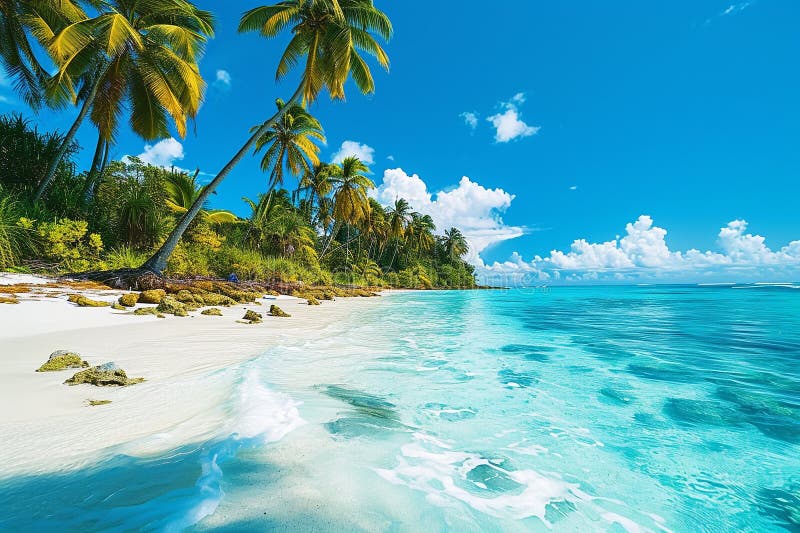 Idyllisches tropisches Strandparadies mit Palmen und türkisfarbenem Wasser vektor abbildung