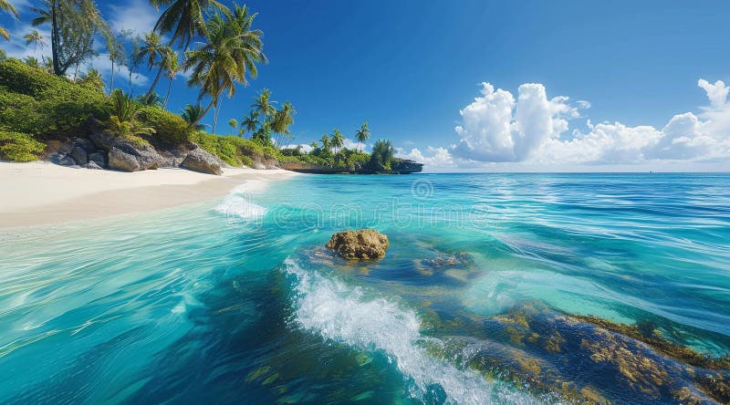 Idyllisches tropisches Strandparadies mit türkisblauem Wasser und Palmen lizenzfreie abbildung