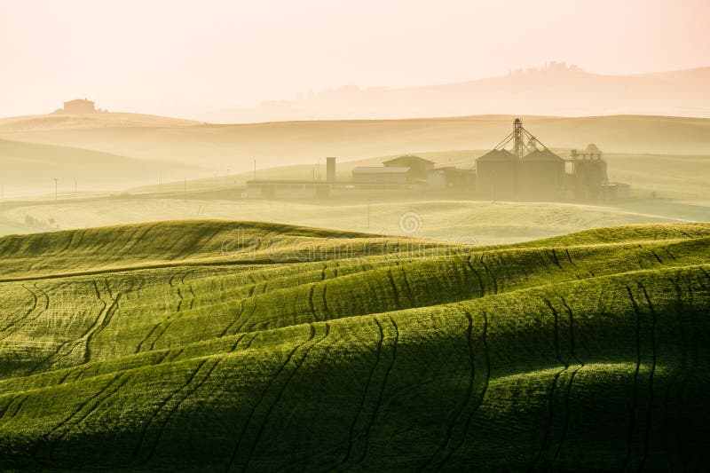 Idyllisk sikt av bergig jordbruksmark i Tuscany