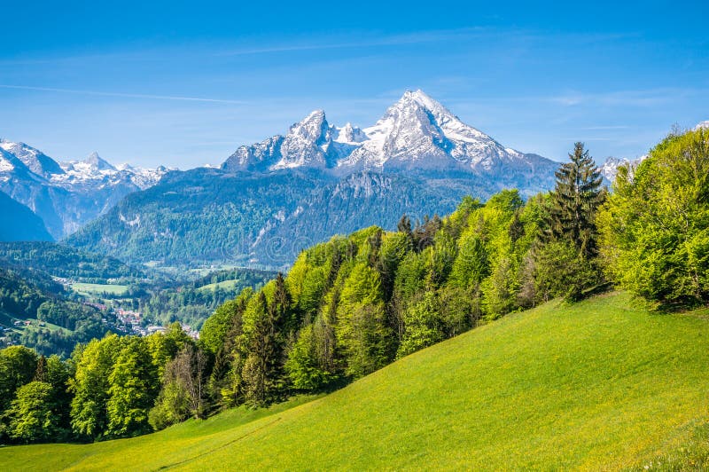 Idylliskt alpint landskap med gröna ängar, lantbrukarhem och snöig bergblast