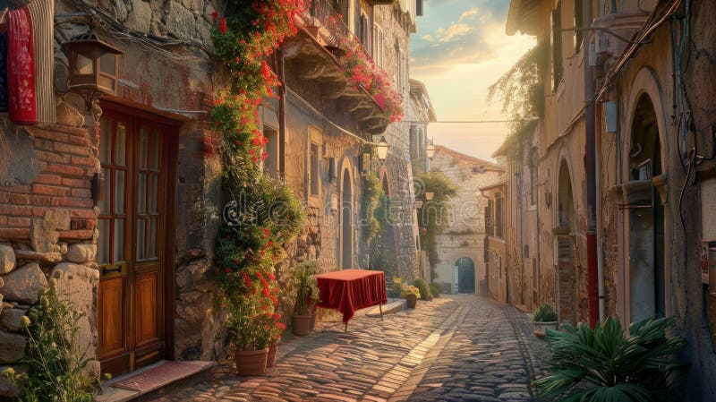 Idyllllllllllllllmpeylsstone street στο γοητευτικό παλιό ευρωπαϊκό χωριό την ανατολή του ηλίου. γαλάζιο φως πρωί στα κτίρια στοκ φωτογραφίες