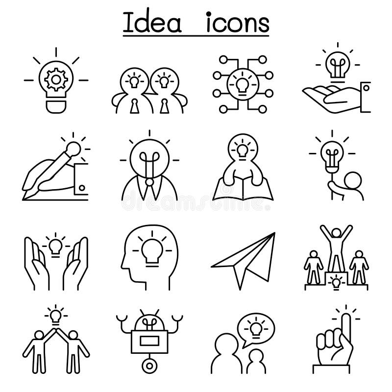 Idé & idérik symbolsuppsättning i den tunna linjen stil vektor illustrationer Idé & idérik symbolsuppsättning i den tunna linjen stil vektor illustrationer