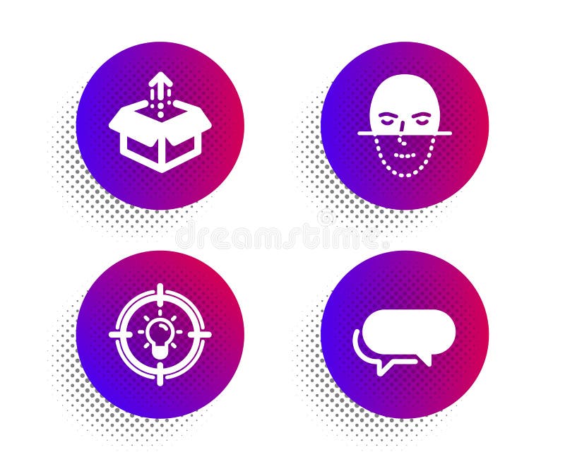 Idéer, Ytigenkänning och Skicka-ruteikoner Messenger-signatur Lösning, ansiktsbiometri, leveranspaket Vector royaltyfri illustrationer