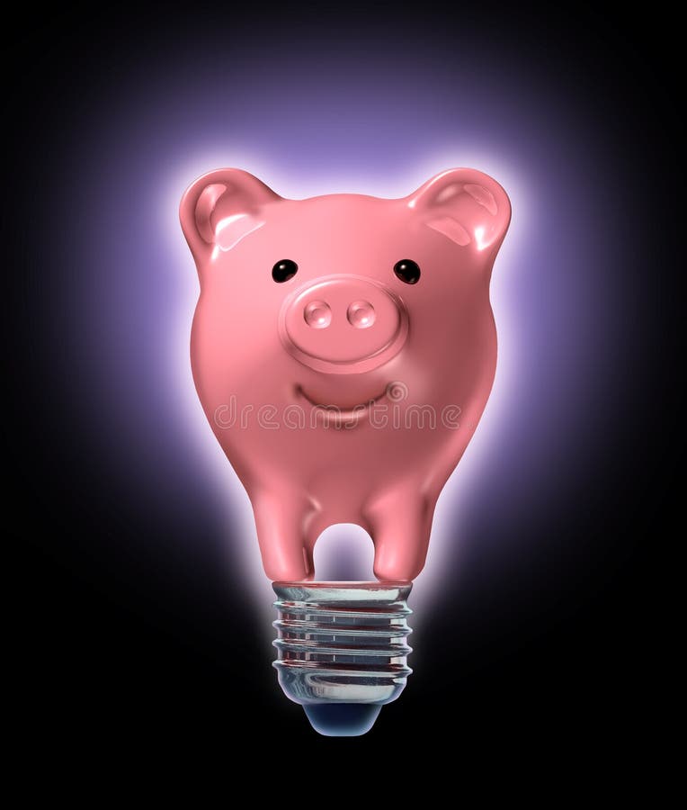 Money saving ideas and investing strategy with a piggy bank in the shape of a glowing light bulb as a financial business concept of innovative new frugal savings solutions tips and strategies for retirement and finances. Money saving ideas and investing strategy with a piggy bank in the shape of a glowing light bulb as a financial business concept of innovative new frugal savings solutions tips and strategies for retirement and finances.