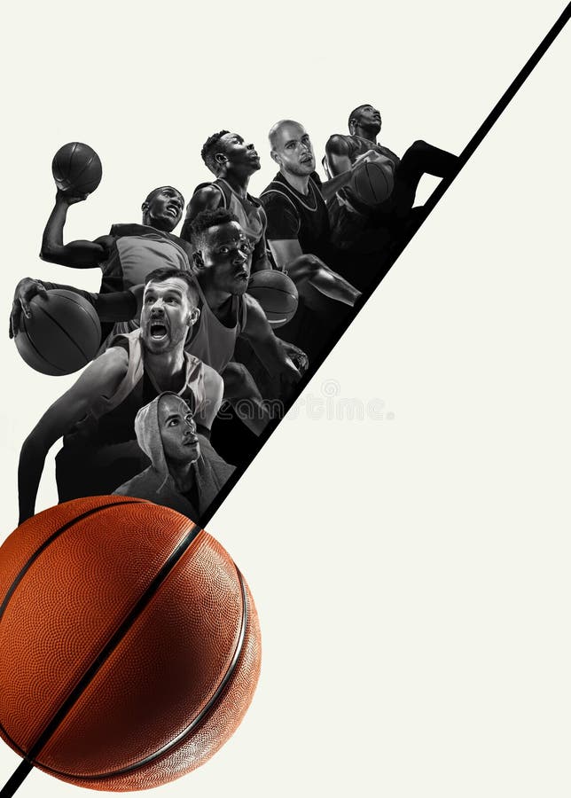 Idérik collage av spelare för en basket i handling royaltyfria foton Idérik collage av spelare för en basket i handling royaltyfria foton