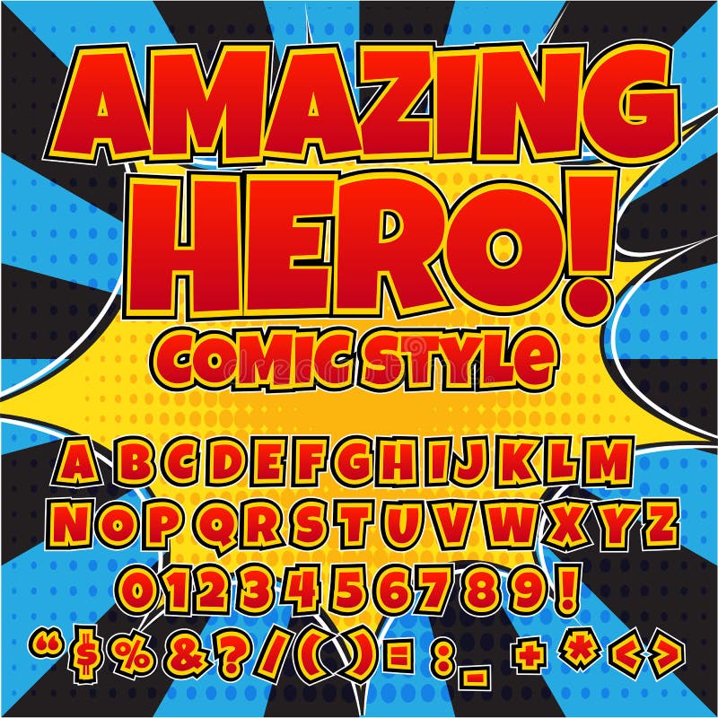 Creative high detail comic font. Red color hero style of comics, pop art. Letters and figures for decoration. Creative high detail comic font. Red color hero style of comics, pop art. Letters and figures for decoration