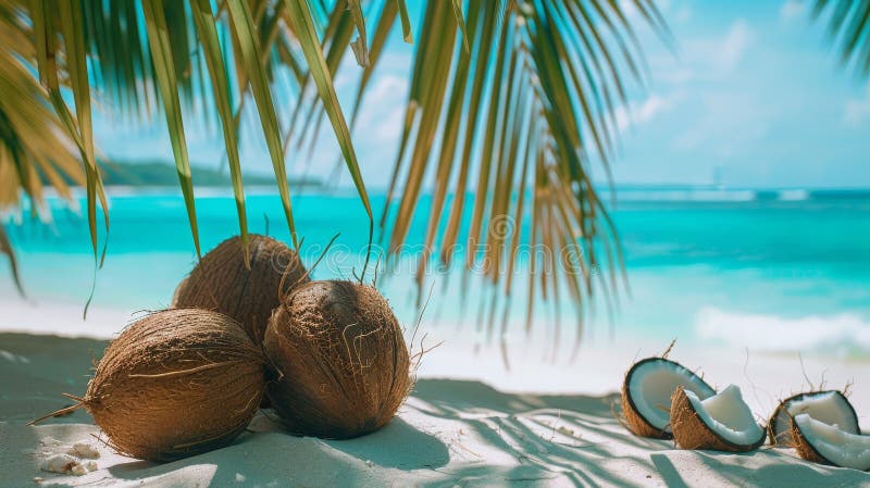 Idílico entorno de playa tropical con cocoteros frescos palmeras y aguas turquesas fascinantes ilustración del vector