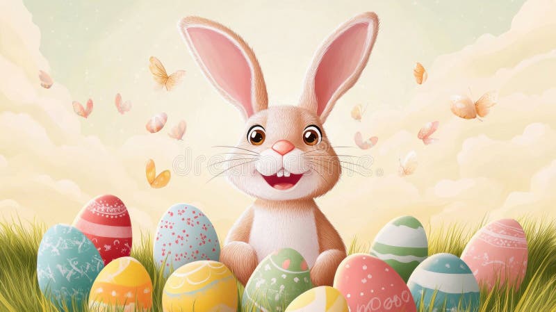 Iepuraș de Paști zâmbind cu ouă colorate și fluturi stock photo