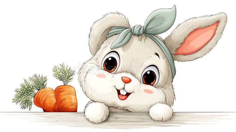Iepuraș gri adorabil cu bandă de cap și ilustrație de morcovi royalty free illustration