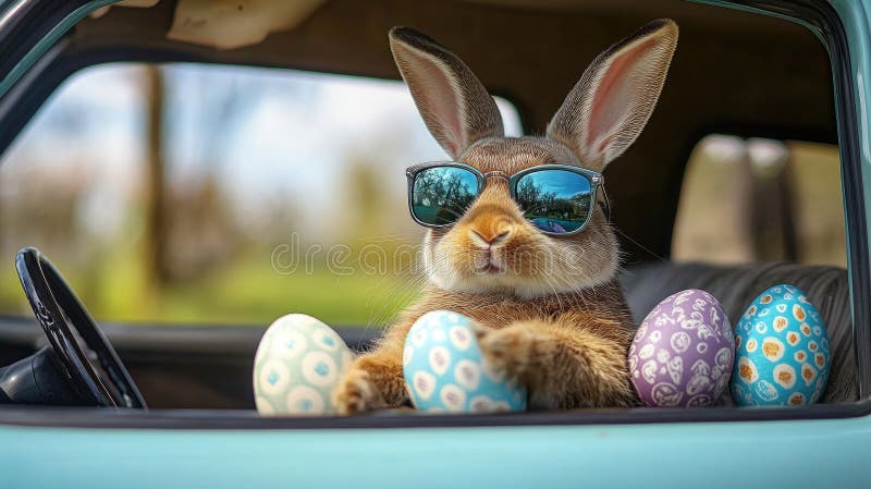 Iepuraș răcoros care conduce cu ouă de paști în mașina de epocă. pașcha paskha ostern pascua paques ortodox și stock image