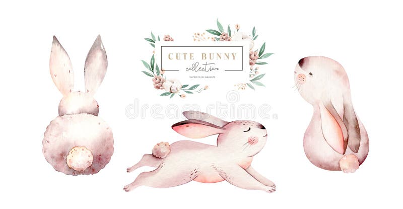 Iepurași de Paște fericiți cu acuarelă, designeri cu floare de primăvară. iepurele de iepure ilustrat izolat. mână royalty free stock image