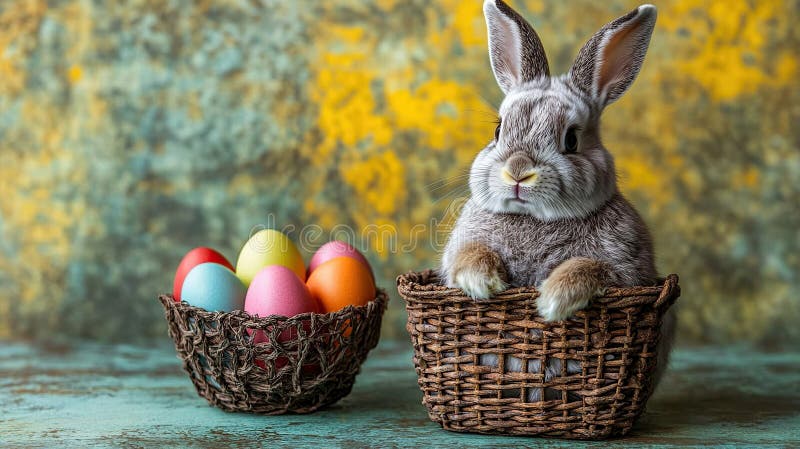 Iepurașul gri adorabil stă într-un coș cu ouă colorate de Paști stock illustration