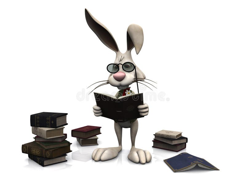 Iepure de desen citind o carte. stock illustration