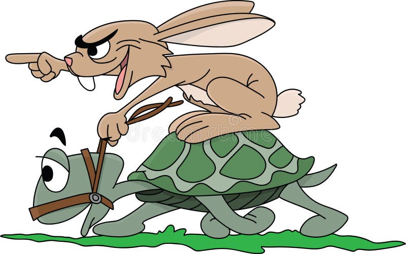 Iepure de desene animate călărind o țestoasă încurajându-și partenerul să fie un vector mai rapid vector illustration