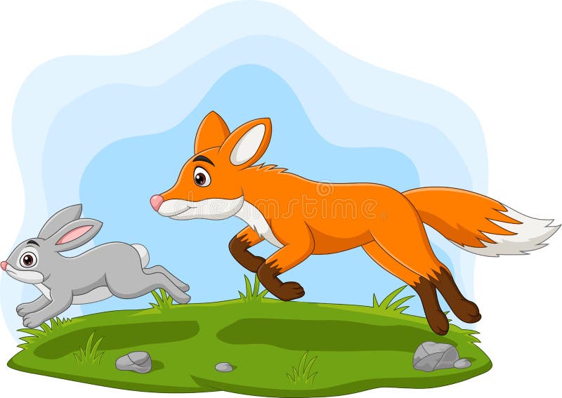 Iepure de desene animate urmărit de vulpe în pădure stock illustration