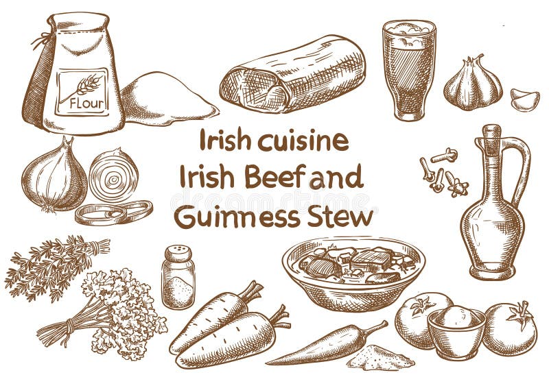 Ierse Rundvlees en Guiness-hutspotingrediënten schets