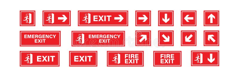 Ieșire de urgență la incendiu roșu, cu pictogramă săgeată. pictograme ale unei persoane care fuge. vector izolat stock illustration