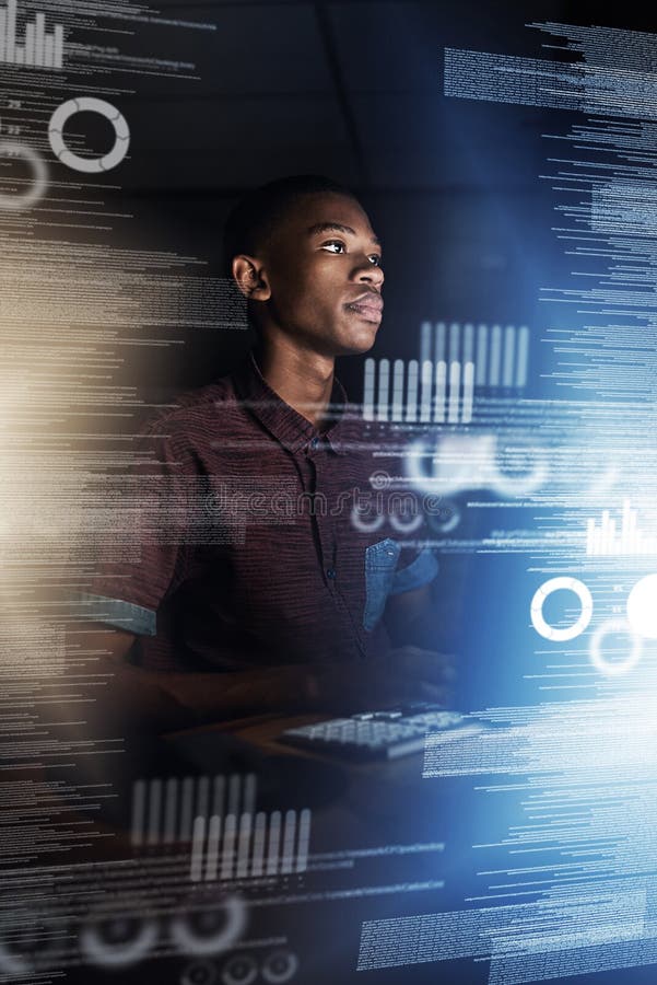 If theres a bug, hell find it. a young computer programmer working on source code. stock image