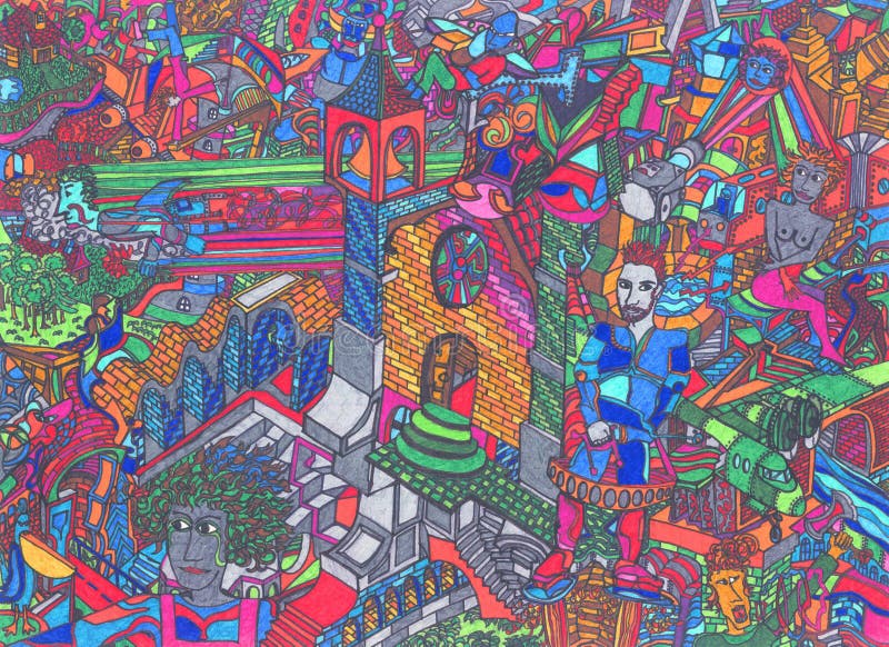 Complex drawing or artwork of many colorful buildings and people with a fantasy medieval atmosphere. Complex drawing or artwork of many colorful buildings and people with a fantasy medieval atmosphere.