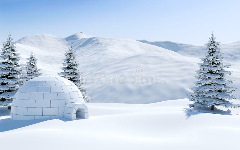 Iglù in campo di neve con la montagna nevosa ed il pino coperti di neve, scena artica del paesaggio