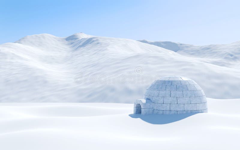Iglù isolato in campo di neve con la montagna nevosa, scena artica del paesaggio
