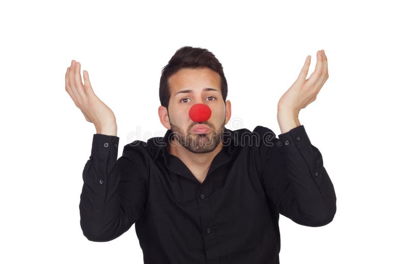 Ignorant businessman with clown nose isolated on white background. Ignorant businessman with clown nose isolated on white background