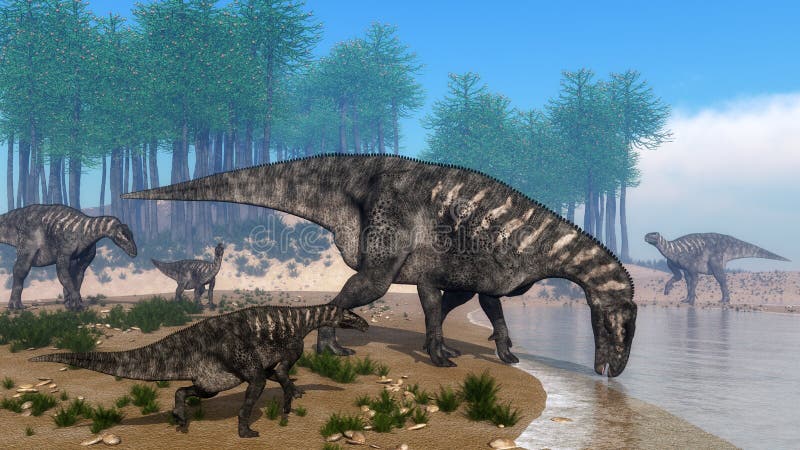 Iguanodon dinosaurs herd walking at the shoreline in front of araucaria trees abd surrounded with onychiopsis plants by day - 3D render. Iguanodon dinosaurs herd walking at the shoreline in front of araucaria trees abd surrounded with onychiopsis plants by day - 3D render