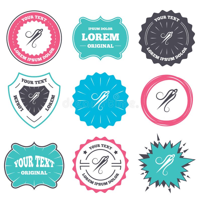 Label and badge templates. Needle with thread icon. Tailor symbol. Textile sew up craft sign. Embroidery tool. Retro style banners, emblems. Vector. Label and badge templates. Needle with thread icon. Tailor symbol. Textile sew up craft sign. Embroidery tool. Retro style banners, emblems. Vector