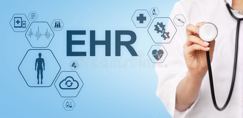 IHR elektronisches Automatisierungssystem Medizin-Internet-Konzept der Gesundheitsakte EMR medizinisches Doktor mit Stethoskop