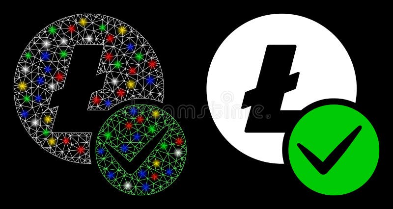 Flare mesh valid Litecoin icon with lightspot effect. Abstract illuminated model of valid Litecoin. Shiny wire carcass triangular mesh valid Litecoin icon. Vector abstraction on a black background. Flare mesh valid Litecoin icon with lightspot effect. Abstract illuminated model of valid Litecoin. Shiny wire carcass triangular mesh valid Litecoin icon. Vector abstraction on a black background.