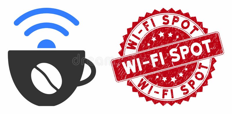 Ikon för kaffewifi-källkod med Stämpel för stress-Wi-Fi-pekskärm royaltyfri illustrationer