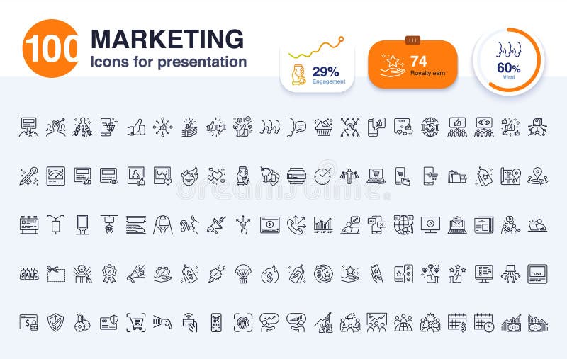 100 Ikon för marknadsföringslinje för presentation Inkluderade ikoner som sociala medier, digital marknadsföring, reklam, rapport royaltyfri illustrationer