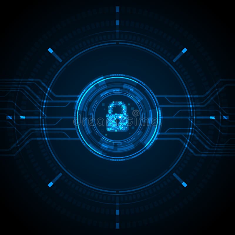 Ikona blokady danych niebieskiego światła i ekran cyfrowy okrąg na ciemnym tle ilustracja cyber technologia bezpieczeństwa. ilustracji