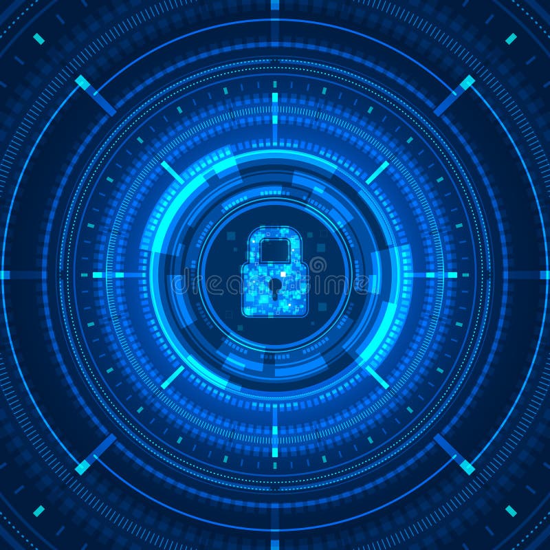 Ikona blokady danych niebieskiego światła i ekran cyfrowy okrąg na ciemnym tle ilustracja cyber technologia bezpieczeństwa. royalty ilustracja