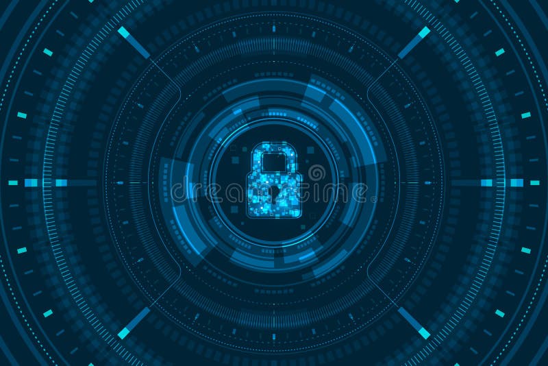 Ikona blokady danych niebieskiego światła i ekran cyfrowy okrąg na ciemnym tle ilustracja cyber technologia bezpieczeństwa. ilustracji