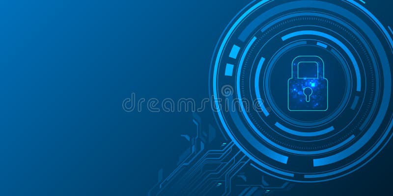 Ikona blokady niebieskiego światła i cyfrowa ilustracja obwodu okręgu na ciemnym tle z technologią kopiowania cyberbezpieczeństwa royalty ilustracja