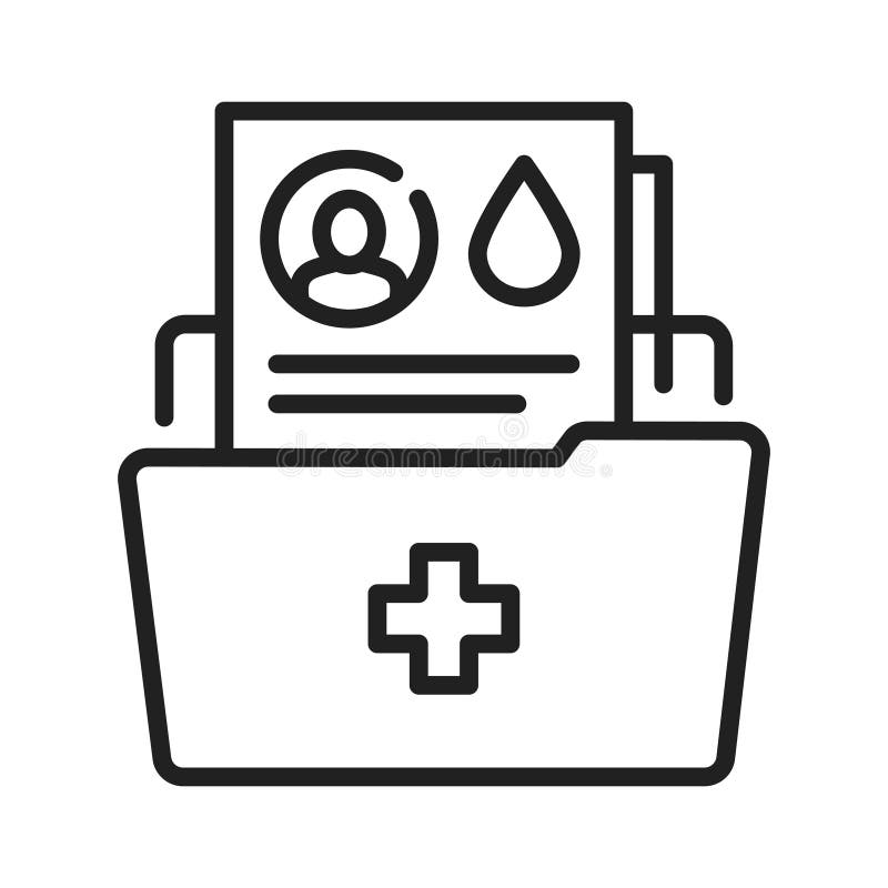 Ikona czarnej linii folderu plików medycznych Historia choroby pacjenta Lista koncepcji dawców transfuzji krwi Piktogram internet ilustracji