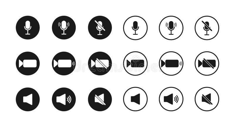 Ikona dźwięku i kamery mikrofonu. przycisk wyciszenia powiększenia i mikrofonu. symbole interfejsu dla audio i głośników wideo. zn ilustracja wektor