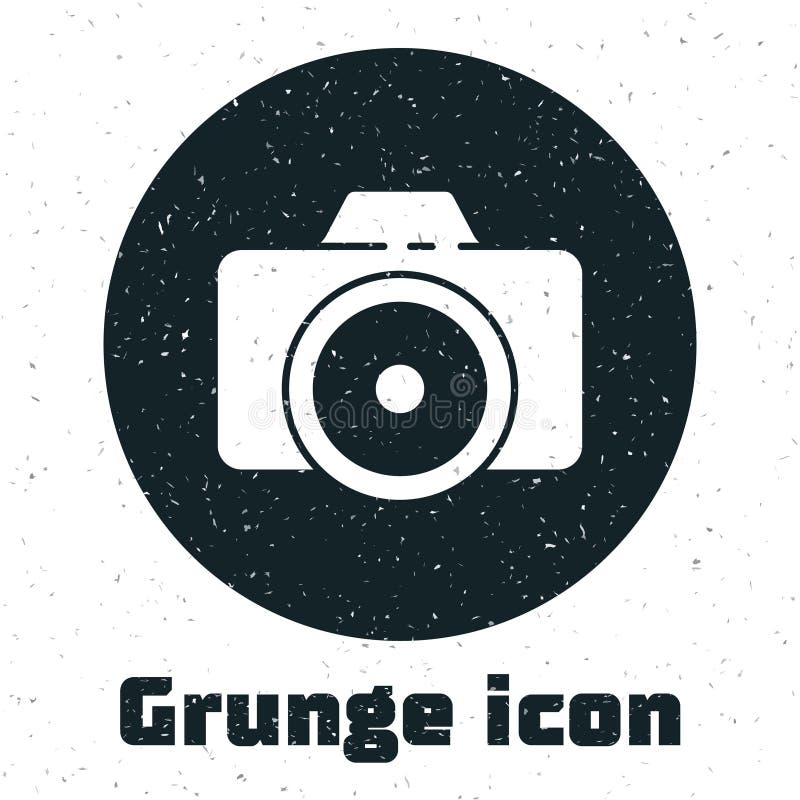 Ikona kamery fotograficznej grunge izolowana na białym tle. ikona kamery foto. monochromatyczny rysunek rocznika. ilustracja wekto royalty ilustracja