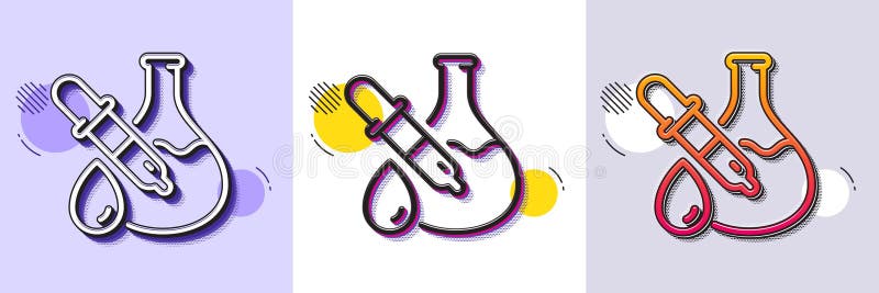 Ikona linii eksperymentu chemicznego. Kolba laboratoryjna. Pipeta analityczna. Półtonowy deseń kropkowany. Wektor ilustracji