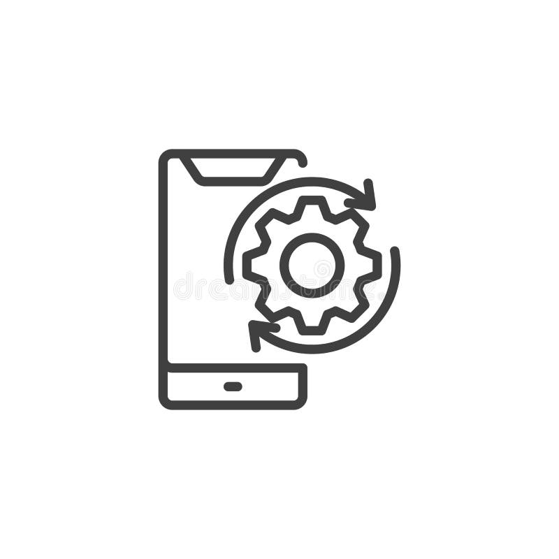 Ikona linii optymalizacji mobilnej. liniowy znak stylu dla koncepcji mobilnej i projektowania stron internetowych. telefon i bieg z ikoną wektora konturu strzałek. ilustracja logo symbolu. grafika wektorowa