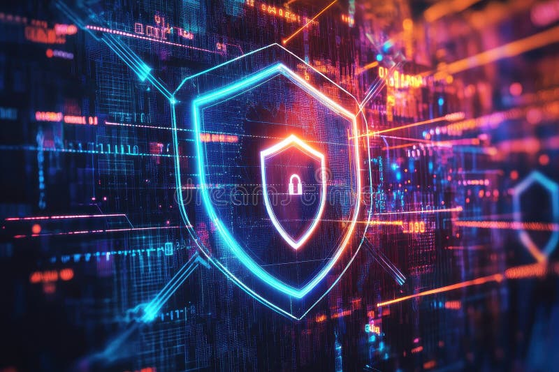 Ikona neon cybersecurity shield z cyfrowym tłem i futurystycznymi strumieniami danych zdjęcie royalty free