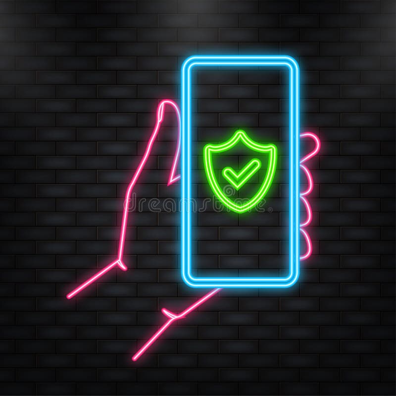 Ikona neon. ręcznie trzyma telefon z bezpiecznym logowaniem na zielonym tle. ilustracja wektorowa.