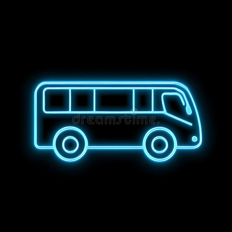 Ikona niebieskiego neonu bus z jasnymi reflektorami poruszającymi się w prawo na czarnym tle ilustracja wektor