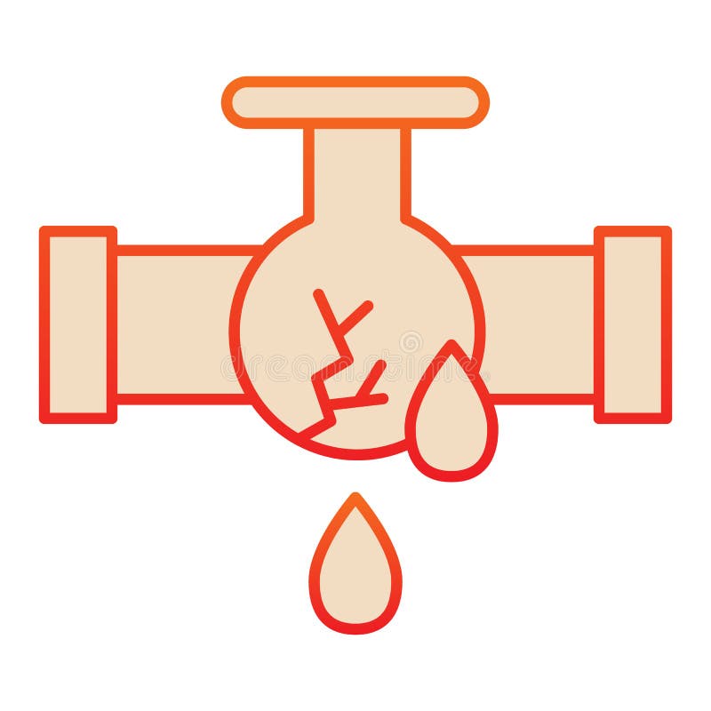 Dropped oil trunk flat icon. Burst pipe and drop leak, cracked with flow. Fuel industry vector design concept, gradient style pictogram on white background. Dropped oil trunk flat icon. Burst pipe and drop leak, cracked with flow. Fuel industry vector design concept, gradient style pictogram on white background