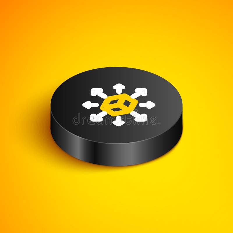 Isometric line Distribution icon isolated on yellow background. Content distribution concept. Black circle button. Vector. Isometric line Distribution icon isolated on yellow background. Content distribution concept. Black circle button. Vector.