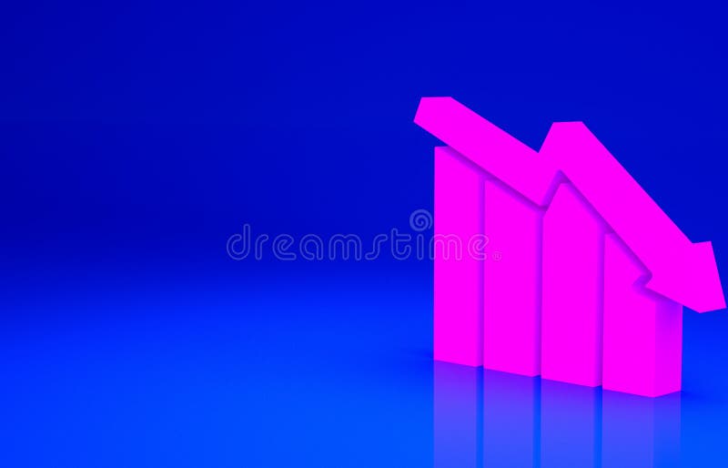 Ikona różowego spadku wzrostu finansowego wyizolowana na niebieskim tle. wzrost dochodów. ilustracja minimalizmu 3d ilustracji