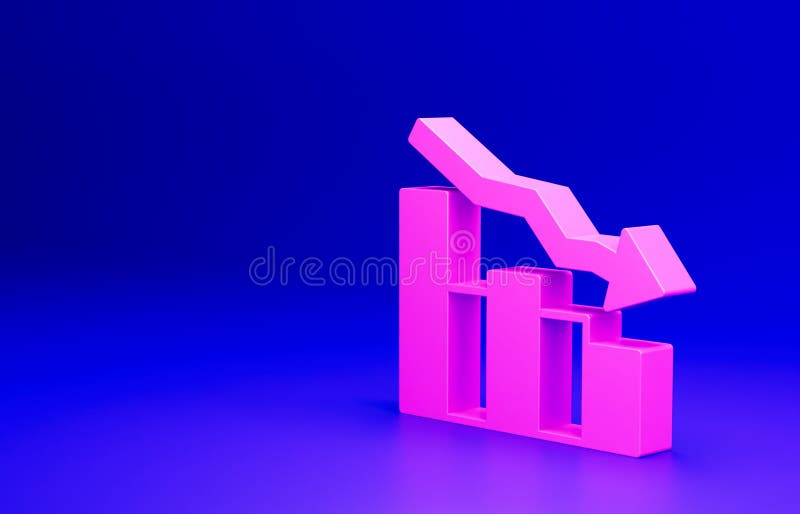 Ikona różowego spadku wzrostu finansowego wyizolowana na niebieskim tle. wzrost dochodów. koncepcja minimalizmu 3d renderowanie royalty ilustracja