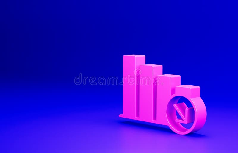 Ikona różowego spadku wzrostu finansowego wyizolowana na niebieskim tle. wzrost dochodów. koncepcja minimalizmu 3d renderowanie ilustracji