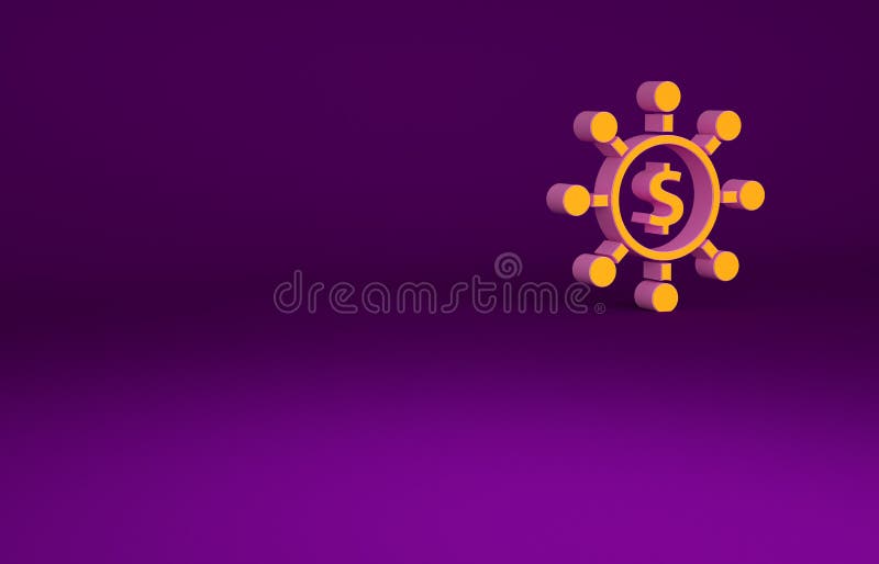 Orange Dollar, share, network icon isolated on purple background. Minimalism concept. 3d illustration 3D render. Orange Dollar, share, network icon isolated on purple background. Minimalism concept. 3d illustration 3D render.